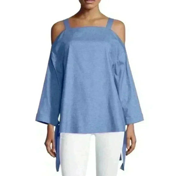 NWT Tibi Cold Shoulder Chambray Cut Out Blouse with Bow Tie Sleeves - Picture 1 of 7